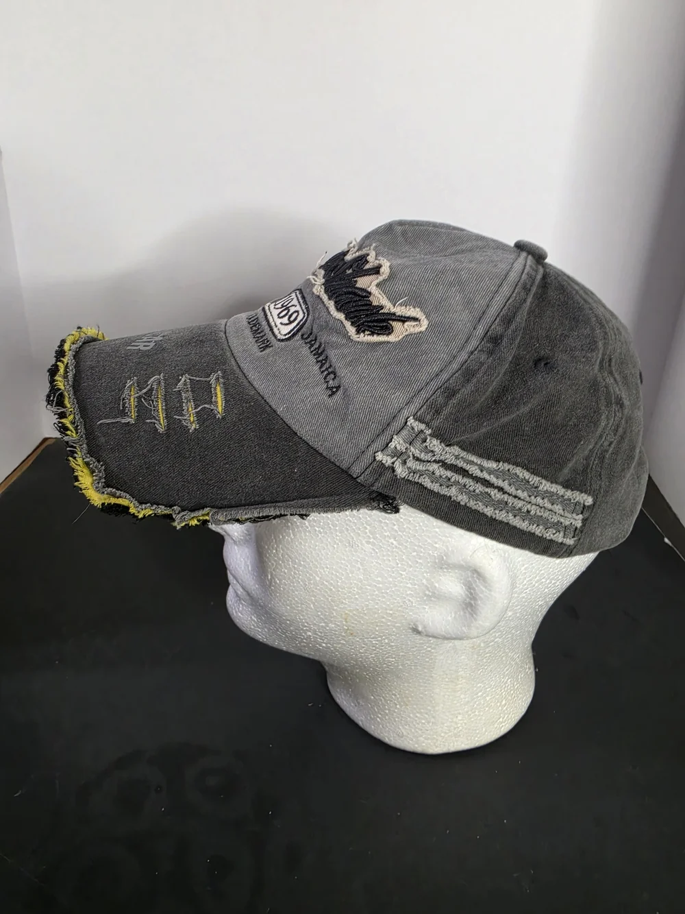 Grey Distressed Rock Shark Embroidered Cap with Yellow Trim